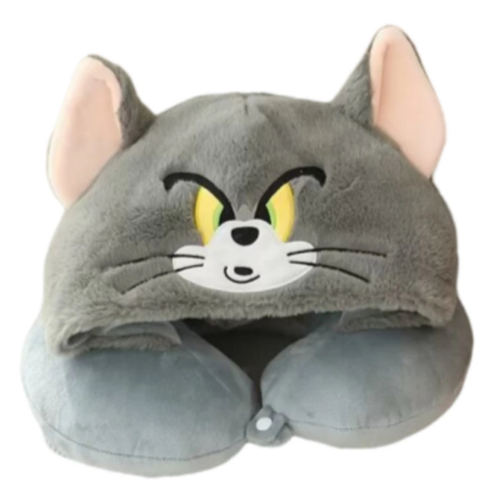 Lovely Anime Tom and Jerry Plush Hooded U-Shaped Pillow Cute Travel Nap Pillow Kawaii Comfortable Gifts For Girl