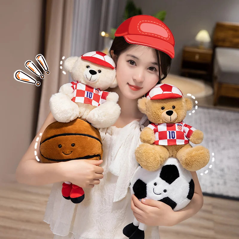 25/30cm Creative Sports Soft  Bear Plush Pillow Cartoon Basketball Soccer Ball Huggable Pillow Refuel Sports Bear