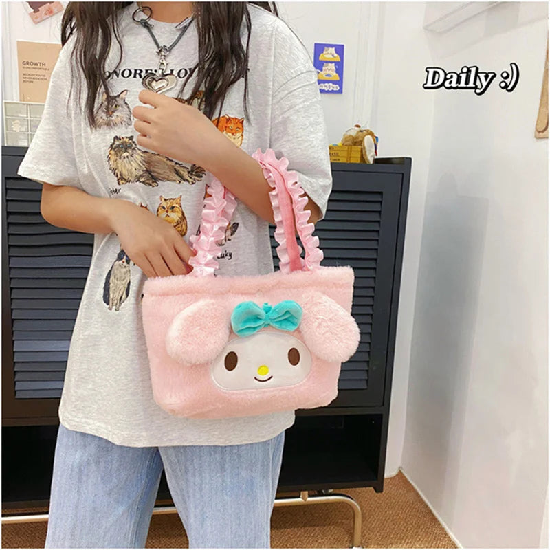 Hello Kitty Plush Bag Kawaii Sanrio Anime Handbag Cinnamoroll Kuromi Melody Cartoon Soft Stuff Shoulder Cosmetic Bags Girl Gifts