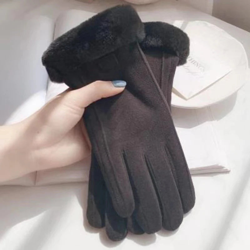 Winter Female Cashmere Warm Suede Leather Cycling Mittens Double Thick Velvet Plush Wrist Women Touch Screen Driving Gloves