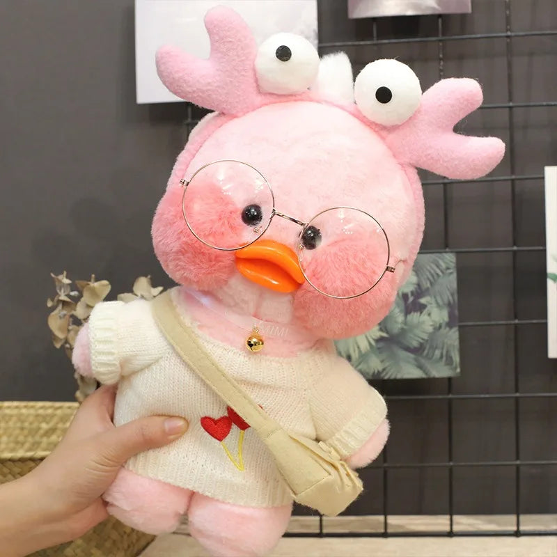 30cm Cute Cafe Pink Duck Stuffed Plush Animals Toy Wear Glasses And Hoodie Soft Doll Girl Birthday Creative Gift For Girls