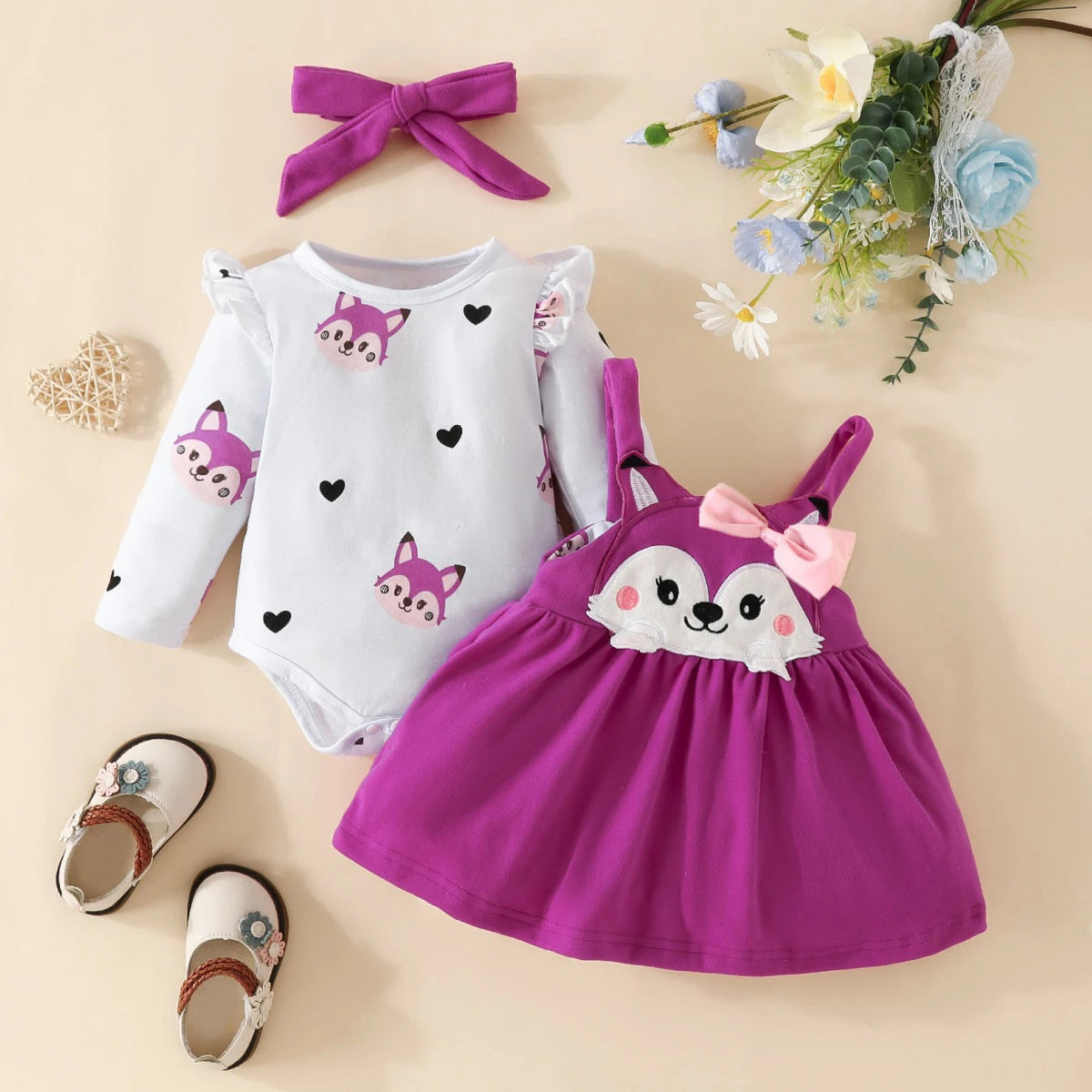 3PCS Baby Girl Fox Print Long Sleeve Onesie with Triangle Bib Fox Plush Embroidery Overall Dress Set