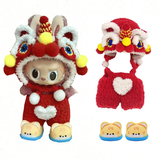 Mini Doll'S Clothes Outfit Accessories For 15-17cm Labubu Idol Lion dance hood hat wool knitting New Year clothes Clothing Gift