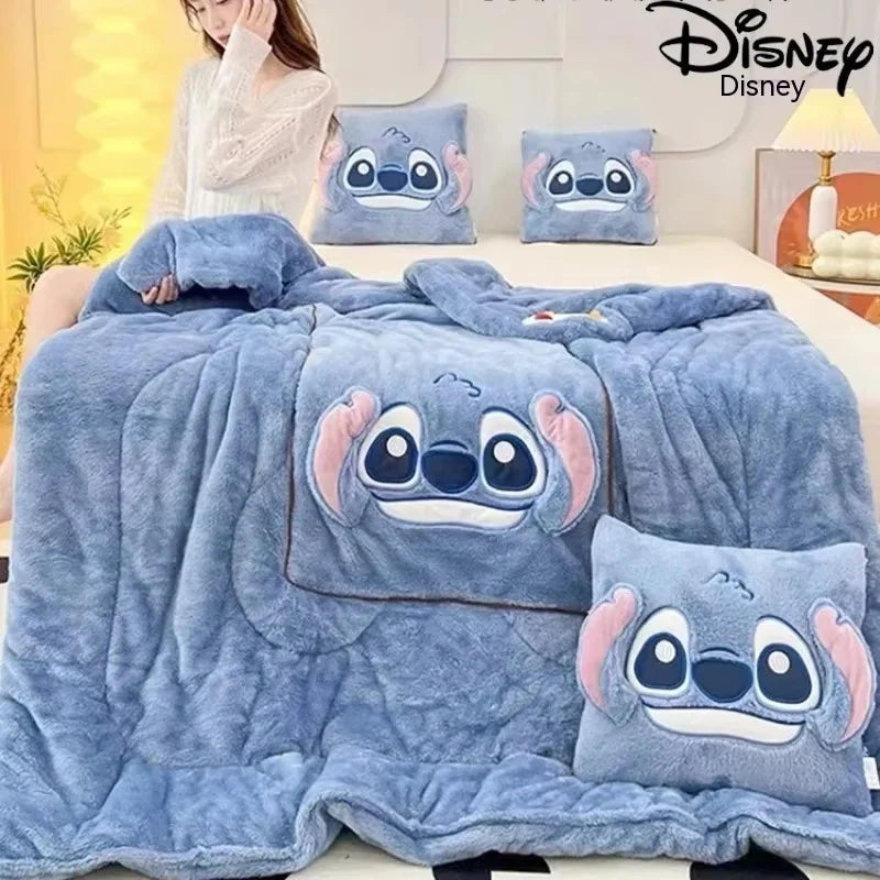 2024 New Disney Stitch Throw Pillow Blankets Two In One Kawaii Flannel Thickened Nap Blanket Living Room Kids Bedroom Decoration