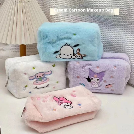 Sanrio Series Cinnamoroll Kuromi Large Capacity Plush Pencil Bag Embroidered Makeup Bag Cartoon  Girl Christmas Birthday Gift