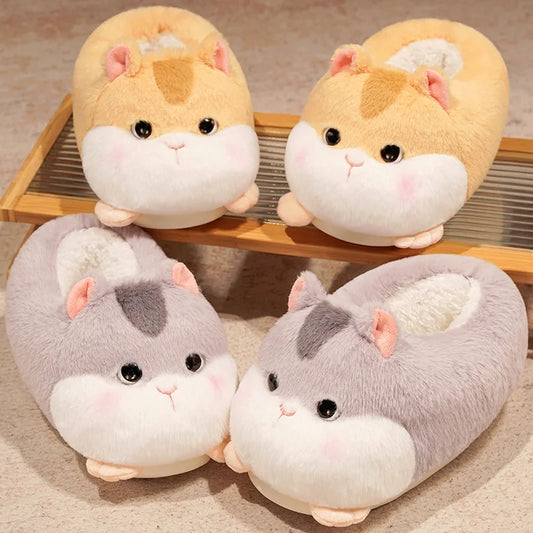 Cartoon Cute Warm Winter Slippers Kawaii Hamster Plush Shoes Soft Sole Flat Home Cotton Shoes Girl Women Adults Floor Shoes