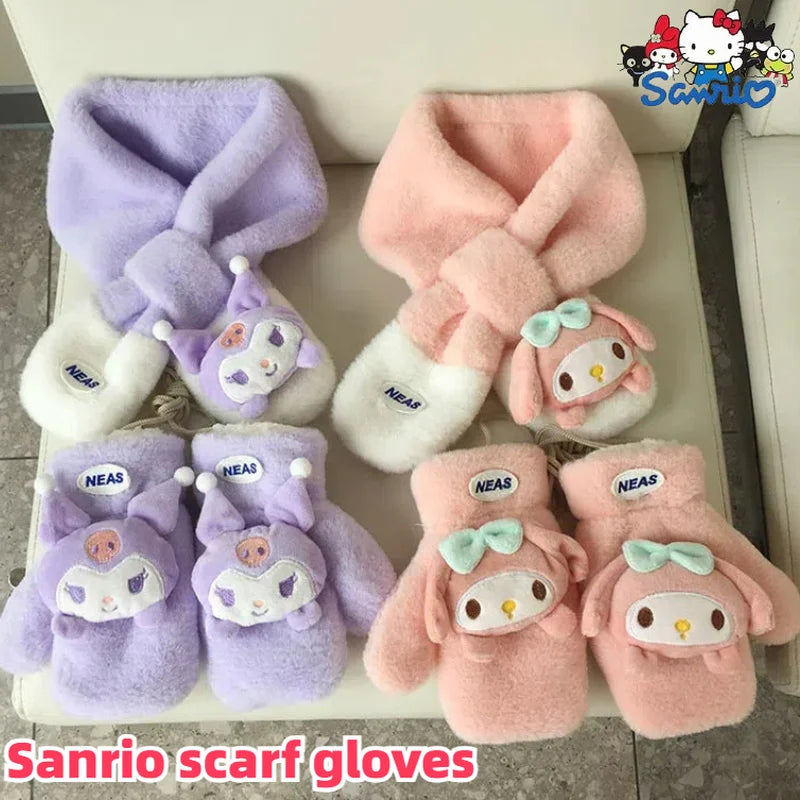 Sanrio My Melody Plush Kuromi Children'S Scarf Cinnamoroll Glove Accessories Soft Thickened Kids Scarves Kid Birthday Xmas Gifts