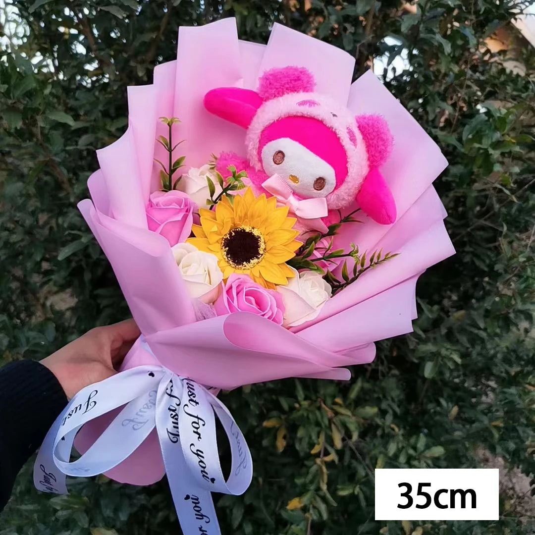 My Melody Graduation Flower Bouquet with Soap Rose Flower, Birthday Sunflower, Anime Plush Doll Toy, Valentine's Day Gifts