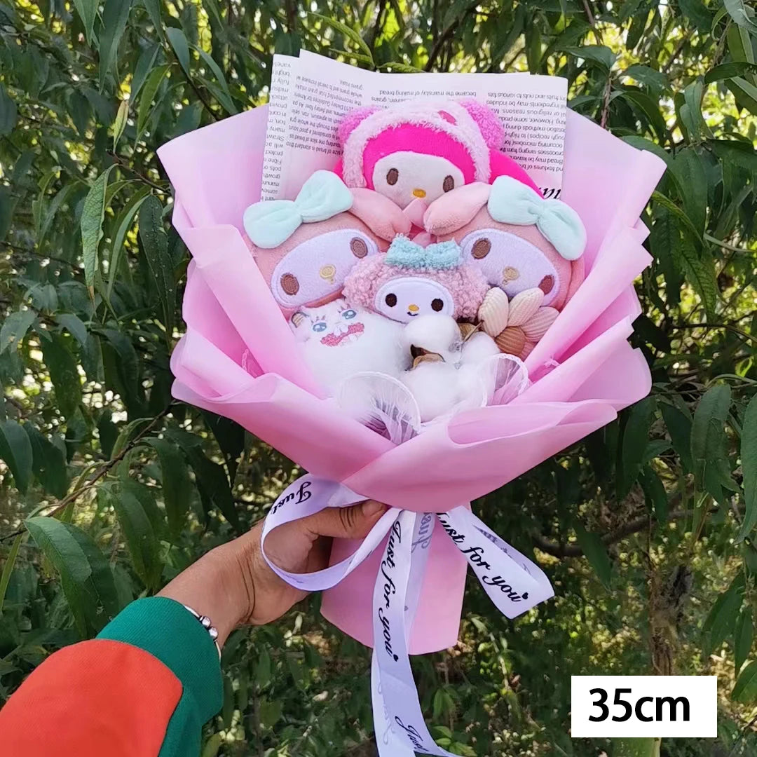 My Melody Graduation Flower Bouquet with Soap Rose Flower, Birthday Sunflower, Anime Plush Doll Toy, Valentine's Day Gifts