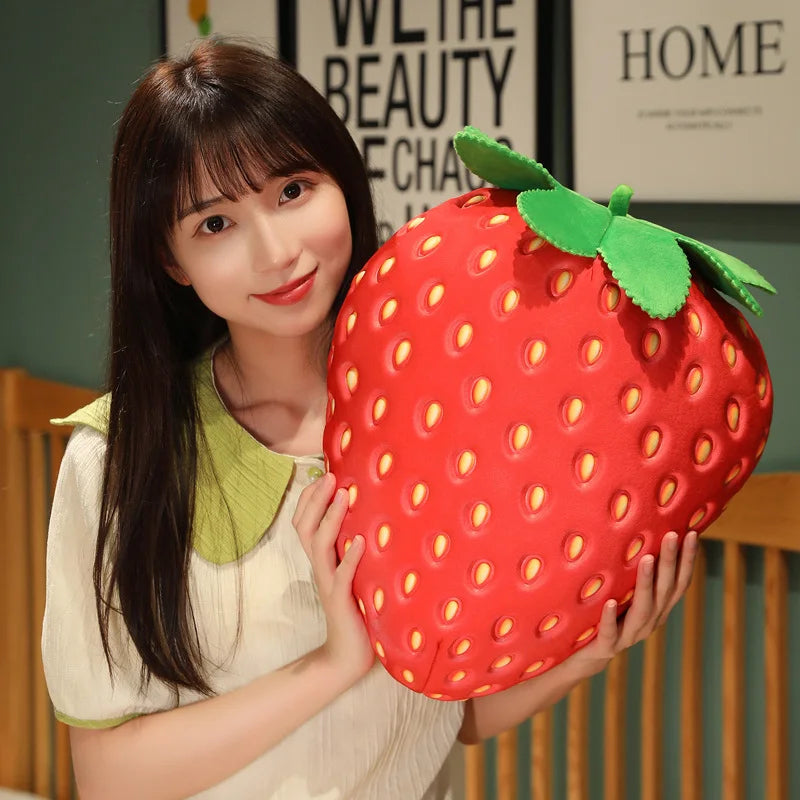 Big Simulation Strawberry Plushie Fruit Pillow Stuffed Soft Fruit Dolls Identical Strawberry Plush Toys for Room Decor Cushion