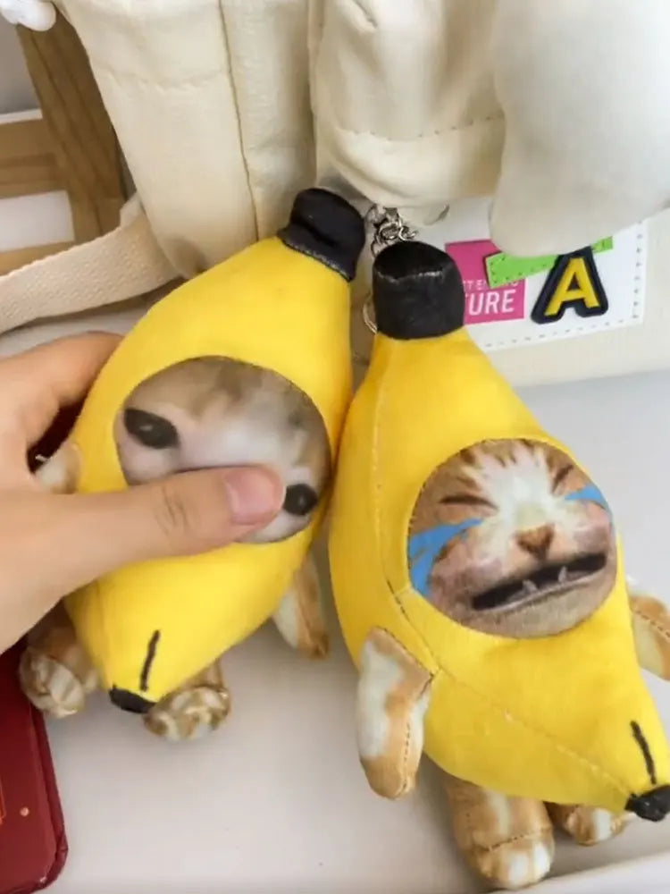 Squeaky funny banana happy cat charm sounding plush toys keychain banana cat pendant dolls