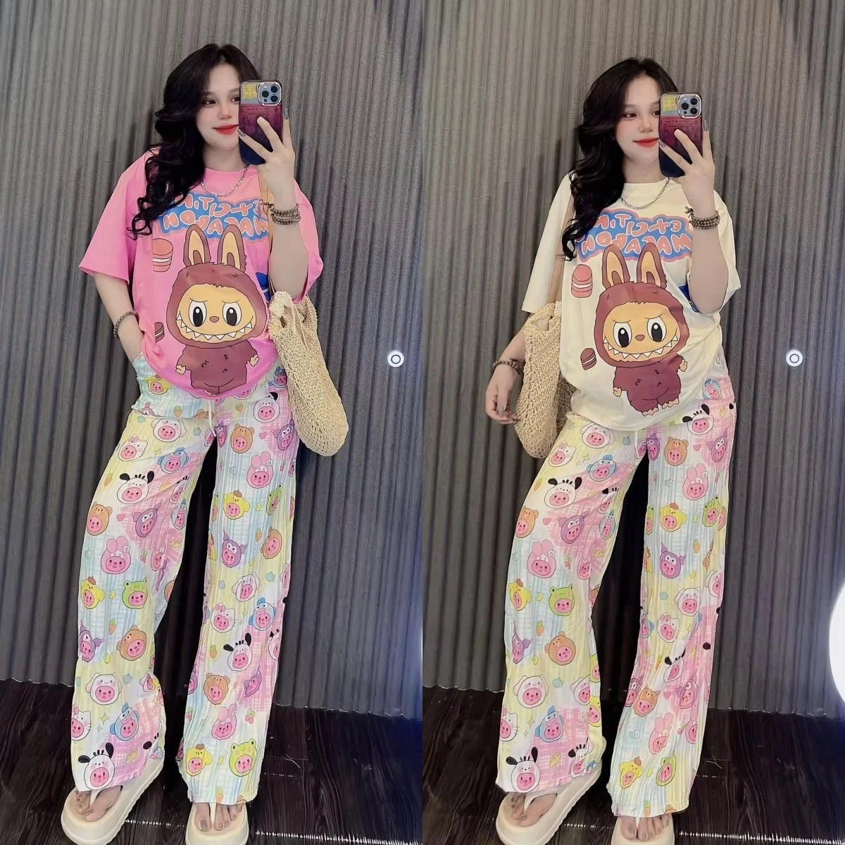 New Labubu Print T-Shirt And Pants Anime Cartoon Short Sleeved Shirt Casual Fashion 2pcs Set Kawaii Cute Woman Outdoor Clothing