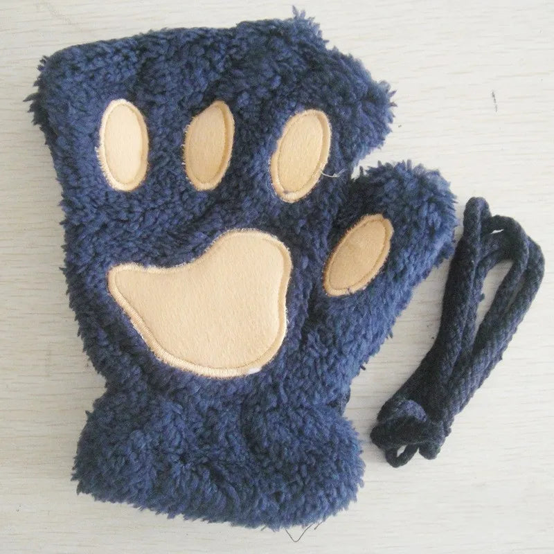 Cartoon Cute Cat Claw Paw Gloves Women Plush Mittens Warm Soft Plush Short Fingerless Fluffy Bear Cat Gloves Costume Half Finger