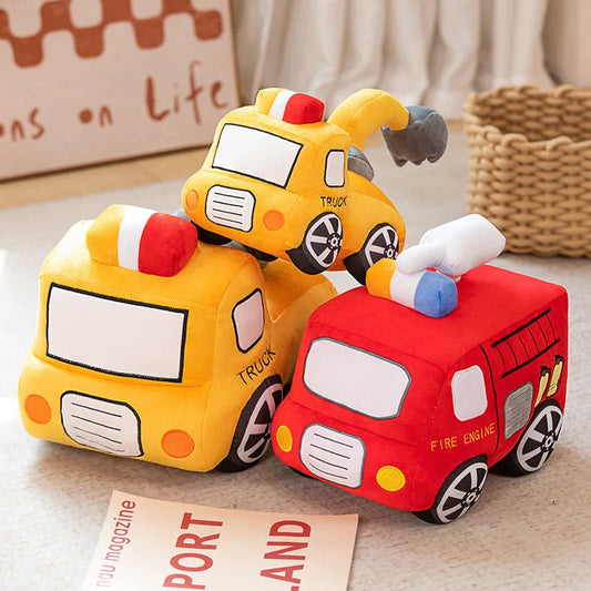 Emulational Cute Tractor Excavator Car Plush Toy Pillow Cartoon Fire Truck Soft Stuffed Dolls Boy Kids Gift Cute Room Decor