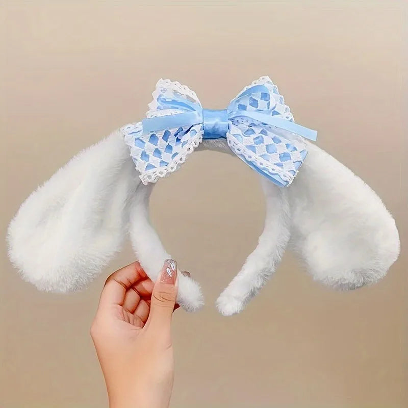 Adorable Anime Cinnamoroll Ears Headband Plush Hair Band Cute Crown Bow Decor Headdress Nonslip Head Hoop For Women Girls