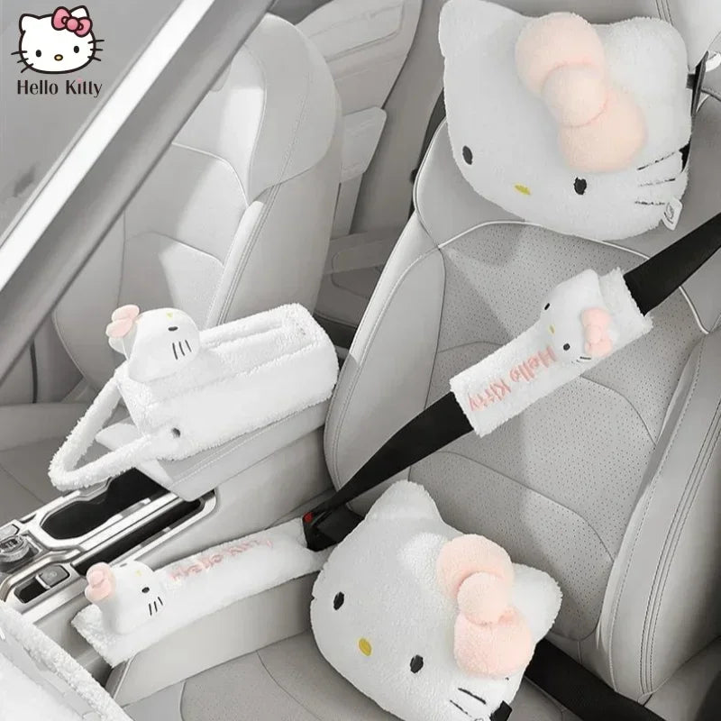 Hot Kawaii Sanrio Car Steering Wheel Protective Hello Kitty Cover Cartoon Headrest Waist Shoulder Car Accessories Sets