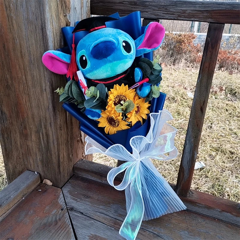 Hot Lilo & Stitch Graduation Plush Bouquet Toys with Sunflower Anime Stuffed Animals Student Graduation Souvenir Birthday Gift