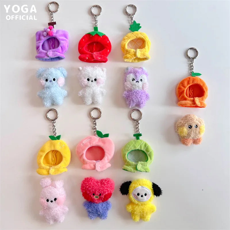 9Cm Kawaii Bt21 Small Animal Mini Plush Keychain knapsack Pendant Cartoon Fruit Headband Series Plush Doll Pendant Birthday Gift