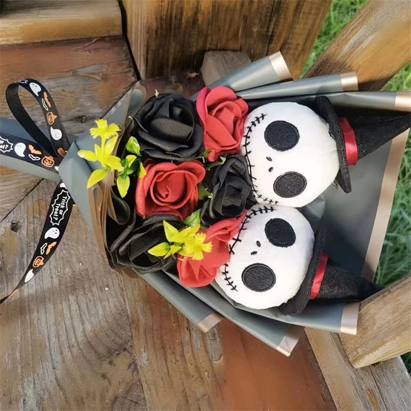 Halloween Jack Skellington Plush Doll Toys With Artificial flower Bouquet Stuffed Terror Skull Ghost Christmas Day/Birthday Day