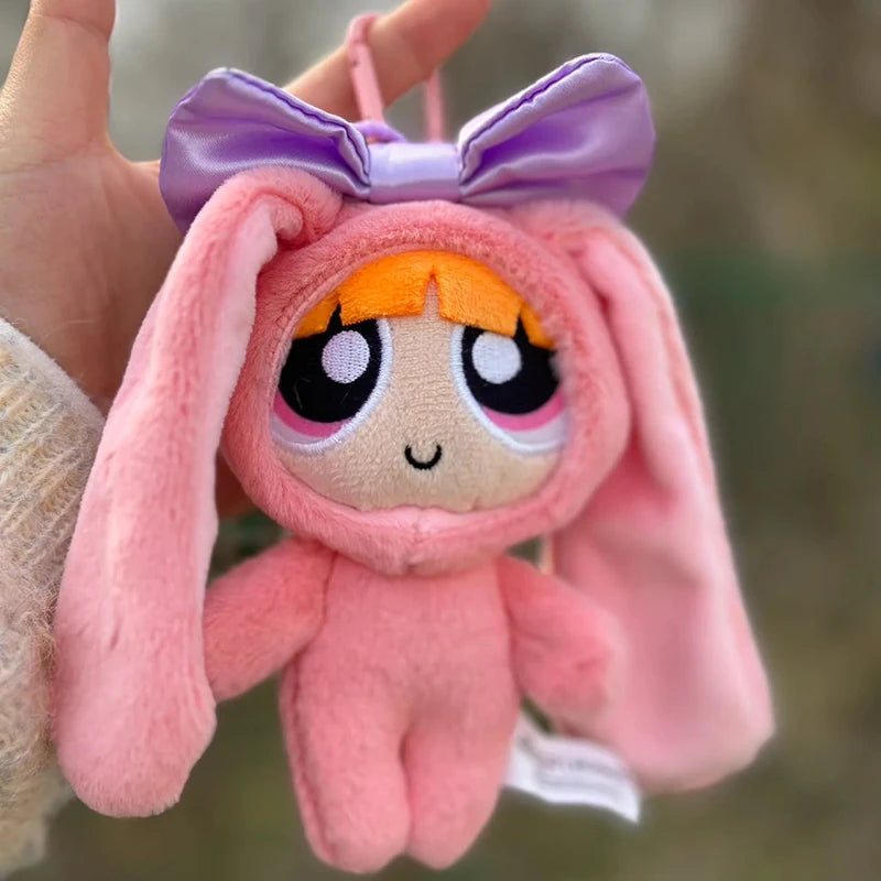 12cm Bag Plush Pendant Powerpuff Girls Cartoon Cute Dress Up Bunny Rabbit Plush Toy Pendant Bow Tie Doll Gift Doll for Girls