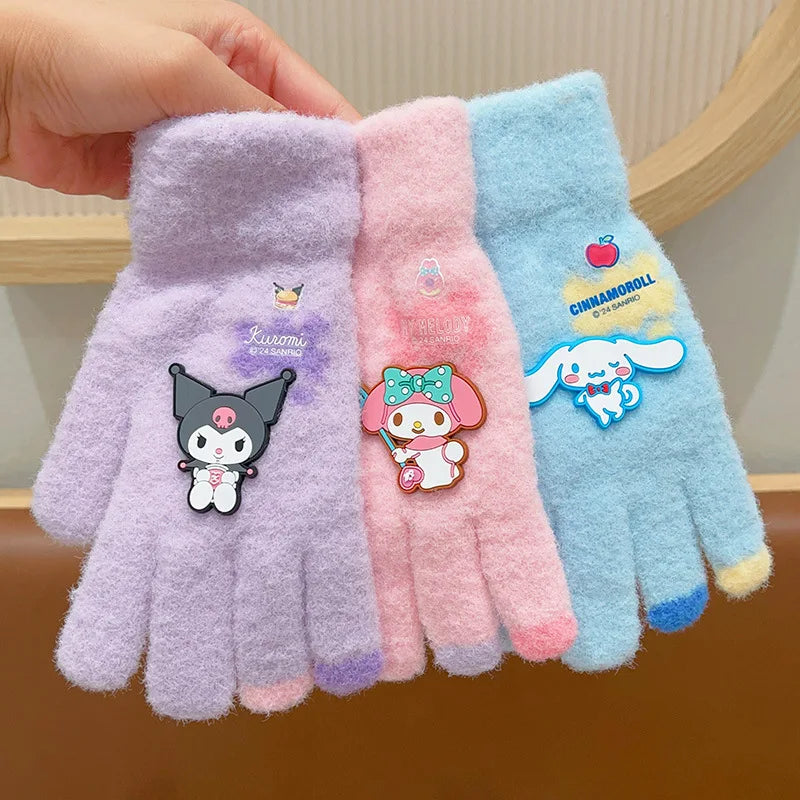 Kawaii Sanrio Hello Kitty Gloves Kuromi My Melody Cinnamoroll Winter Plush Thickened Mittens Girls Gloves 6-12 Years Old Gift