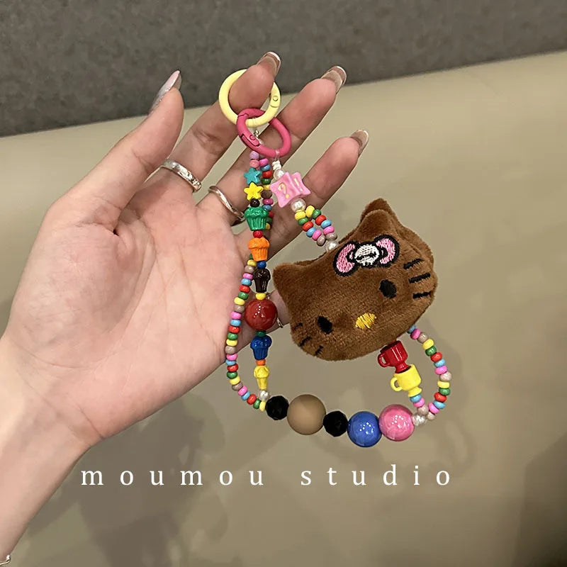 Sanrio Colorful Beaded Keychain Hello Kitty Kawaii Cartoon Plush Phone Strap Wrist Strap Backpack Pendant Decoration Gifts