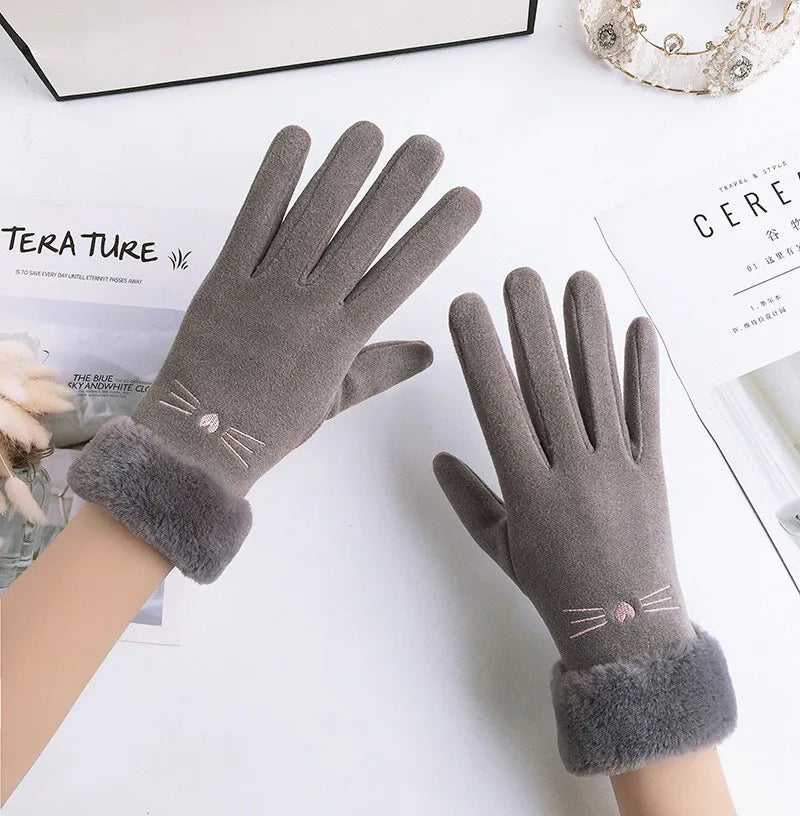 Winter Female Cashmere Warm Suede Leather Cycling Mittens Double Thick Velvet Plush Wrist Women Touch Screen Driving Gloves