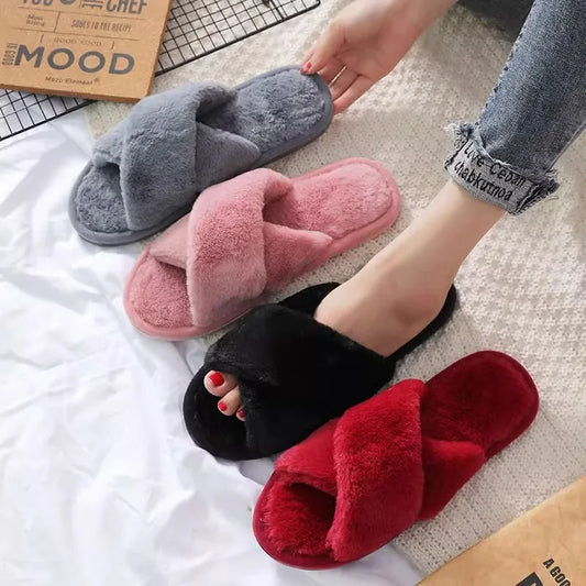 Winter cross imitation rabbit fur warm fur slippers Korean version women's indoor home slippers women's outdoor slippers