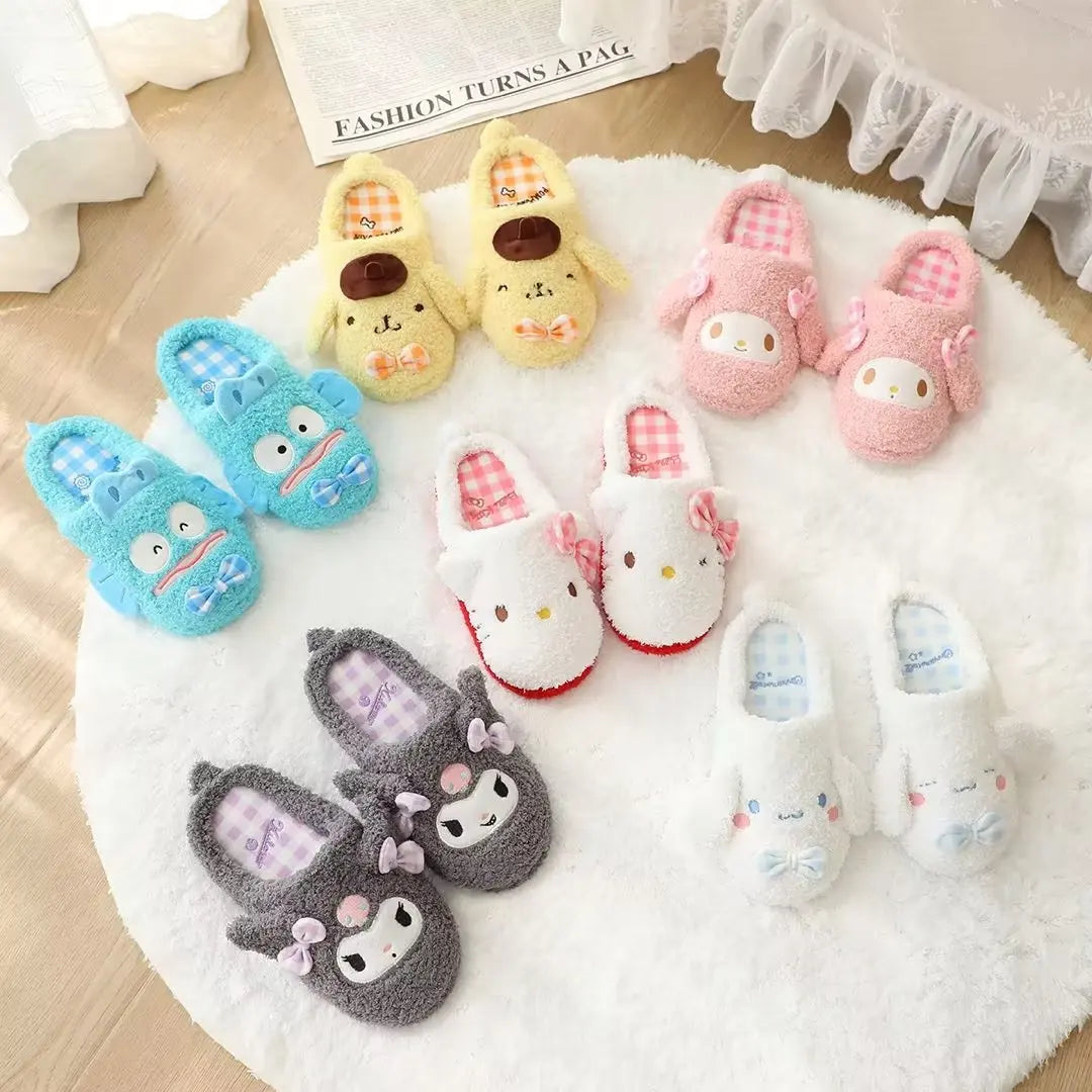 Lolita Cute Slippers My Melody Kuromi Plush Shoes Pom Pom Purin Japanese Style Indoor Shoes For Girl Autumn Winter Flat Non-slip