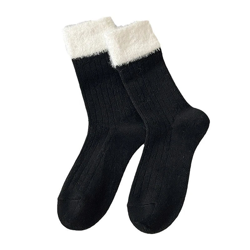 1Pair Fashion Plush Socks Women Autumn Winter Fluffy Splice Lanital Mink Velvet Thick Warm Mid-tube Stockings Cotton Socks