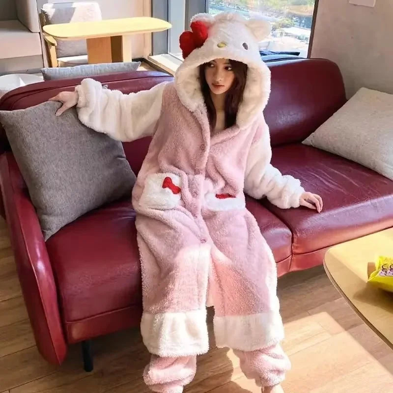 2024 New Hello Kitty Kawaii Sanrio Cute Bow Furry Pajamas Autumn And Winter Sweet Girl Long Pajama Anime Plush Couple Loungewear