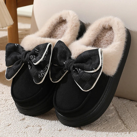 Lovely Bow Women Winter Toe Wrap Warm Solid Cotton Slippers Thick Soft Sole Slides Femmer Indoor Floor Flat Home Non-slip Shoes