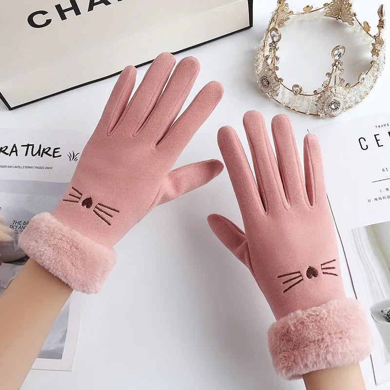 Winter Female Cashmere Warm Suede Leather Cycling Mittens Double Thick Velvet Plush Wrist Women Touch Screen Driving Gloves