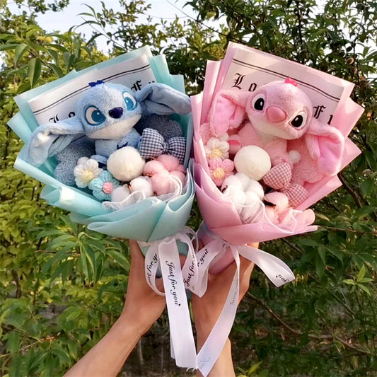 Anime Lilo & Stitch  Plush Bouquet  With floret Bowknot Cartoon Stuffed Animals Birthday Christmas Valentine's Day Party Gift