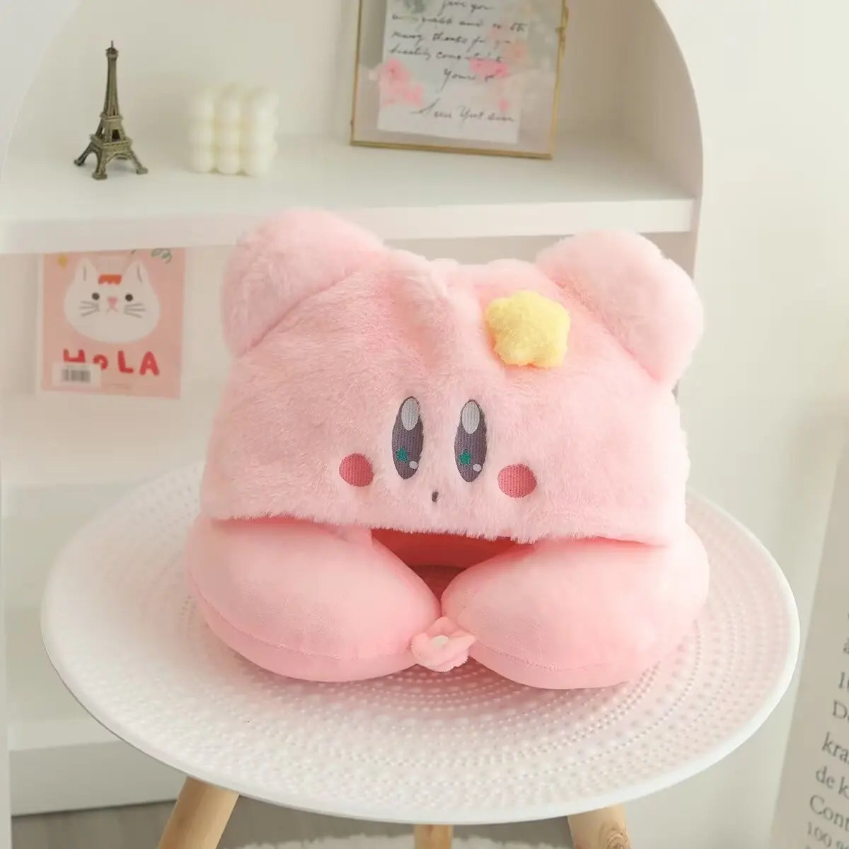 Miniso Kirby Plush Hooded U-shaped Neck Pillow Kirby Comfortable Blackout Travel Pillow Airplane Office Nap Pillow Girl Gift