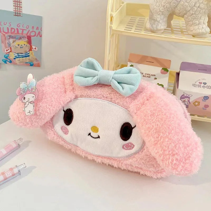 Sanrio Melody Cinnamoroll Fashionable Latest Pink Plush High Aesthetic Girl's Heart-shaped Pencil Case With Large Capacity