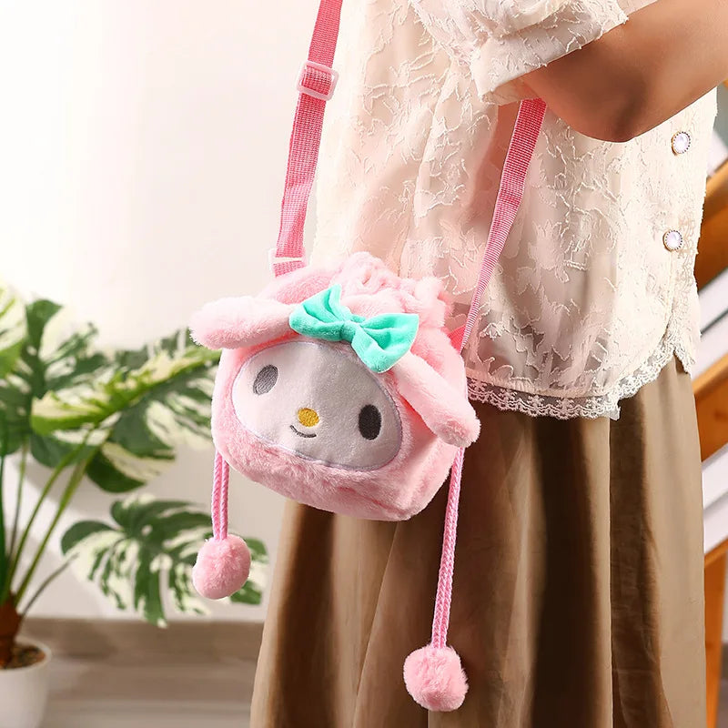 Sanrio Plush Shoulder Bag Cartoon Anime Kuromi Portable Drawstring Bag Cinnamoroll Plushies Toy My Melody Diagonal Package Gift