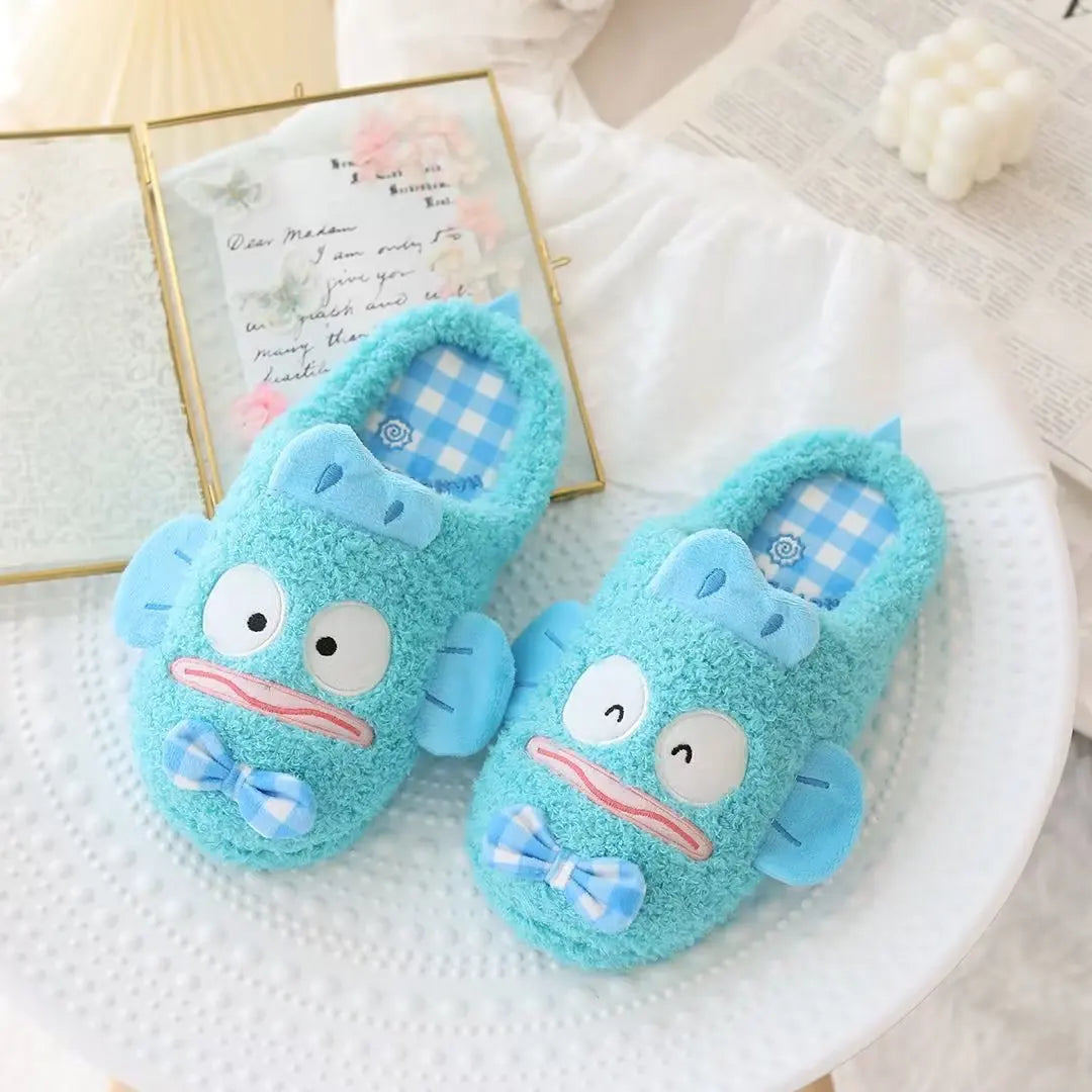 Lolita Cute Slippers My Melody Kuromi Plush Shoes Pom Pom Purin Japanese Style Indoor Shoes For Girl Autumn Winter Flat Non-slip