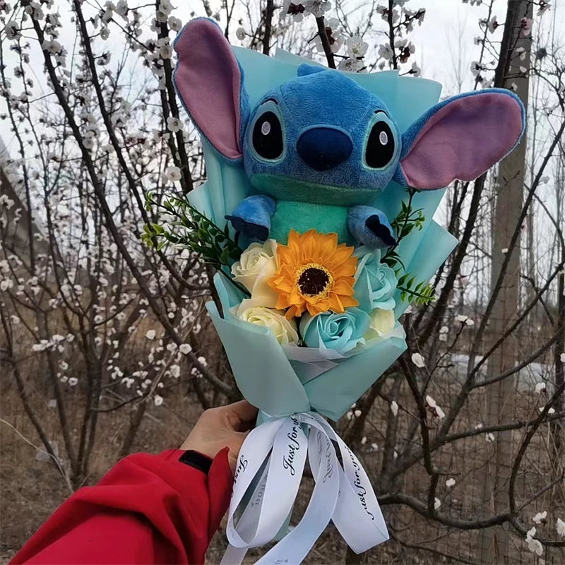 Anime Lilo & Stitch Plush Bouquet With Sunflower Soap Rose Flower Bouquet Cartoon Stuffed Valentine's Day Christmas Birthday Gif