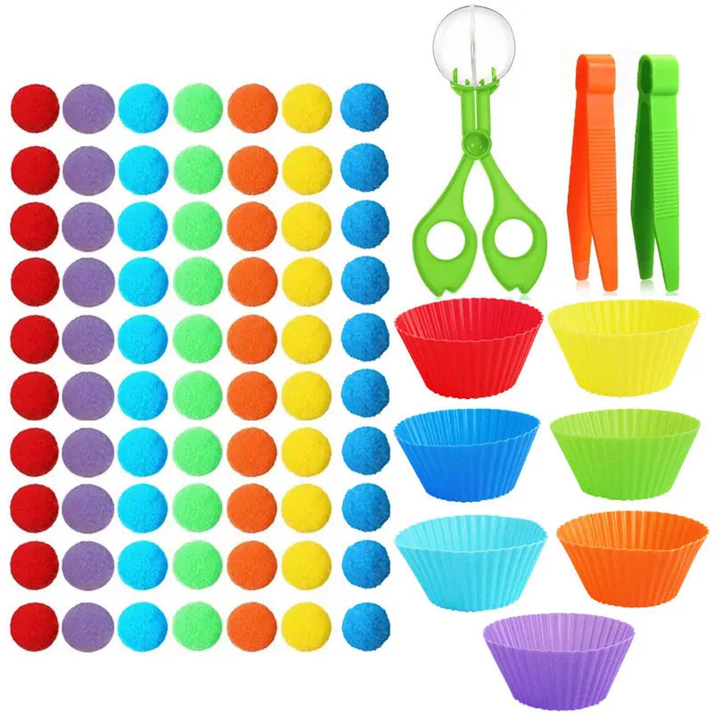 70-81pcs Sorting Matching Counting Toys Tweezers Scissors Clips Fine Motor Skills Handy Sensory Plush Balls Kids Girls Boys Gift