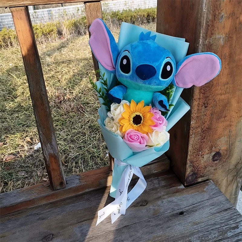 Anime Lilo & Stitch Plush Bouquet With Sunflower Soap Rose Flower Bouquet Cartoon Stuffed Valentine's Day Christmas Birthday Gif