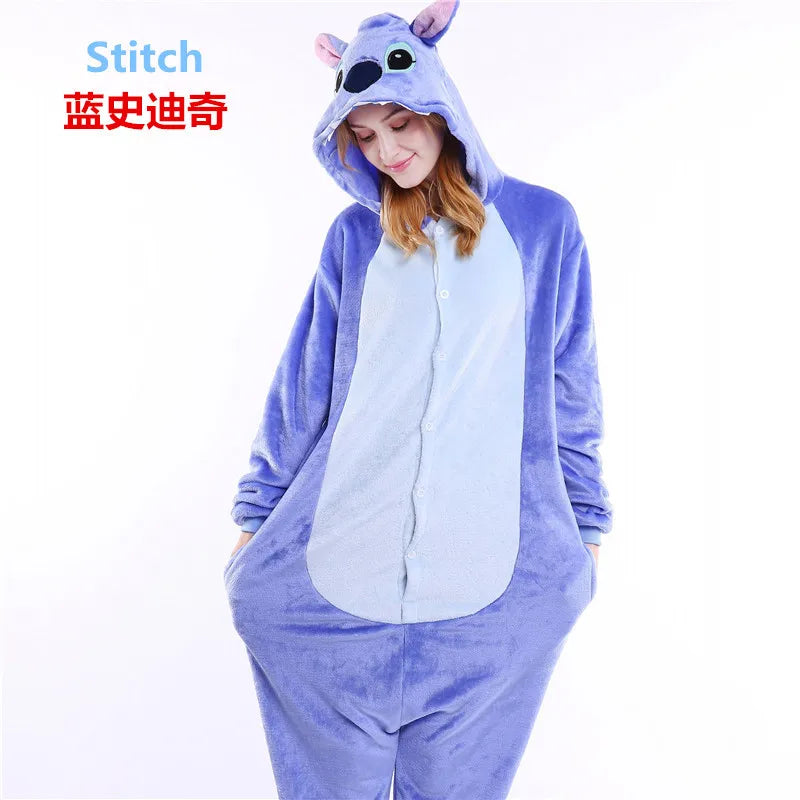 New Disney Stitch Onesie Couple Flannel Sleepwear Unisex Cartoon Animal Pajamas Set Winter Women Men Warm Flannel Hooded Pyjama