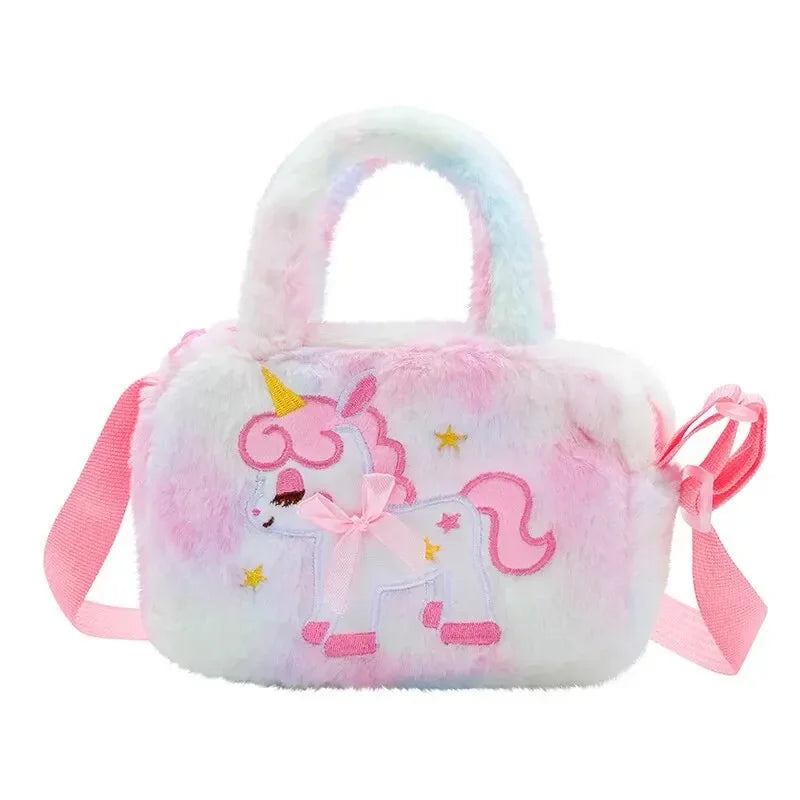 Kids Embroidery Unicorn Plush Toy Crossbody Purses Handbags Little Girls Rainbow Fluffy Purse Cute Cartoon Furry Shoulder Bag