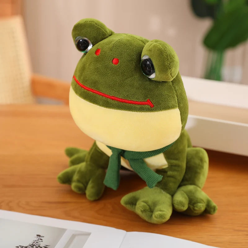 25cm Cartoon Cute Big Eyes Plush Green Frog Wearing Scarf Toys Baby Kids Accompany Peluche Soft Stuffed Animals Doll Nice Gift