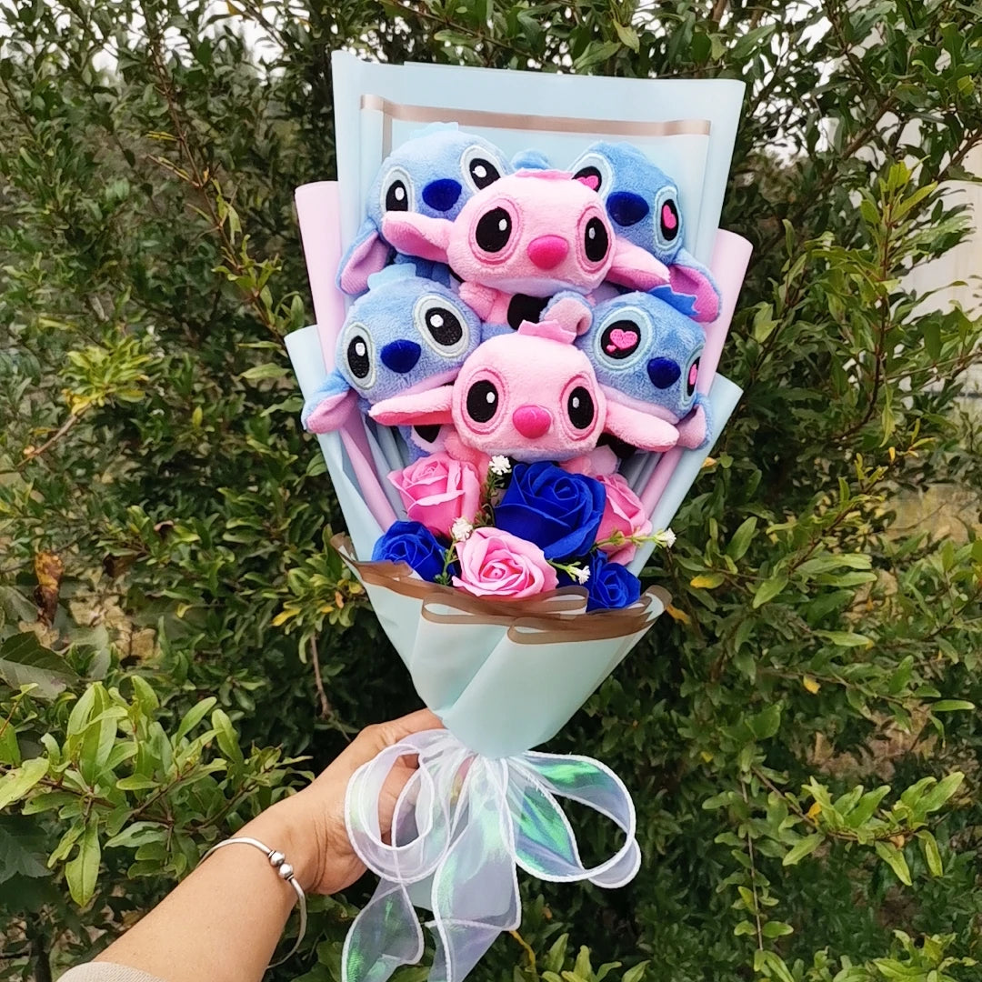 Disney Lilo Stitch Plush Bouquet With Soap Rose Flower Anime Stuffed Animals Home Decoration Valentine Christmas Gift