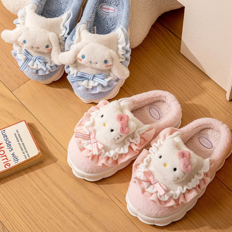 Sanrio Kawaii Cinnamoroll Womens Slippers Kuromi Hello Kitty Plush Cartoon Cute Sweet Suitable Indoor Outdoor Winter Shoes