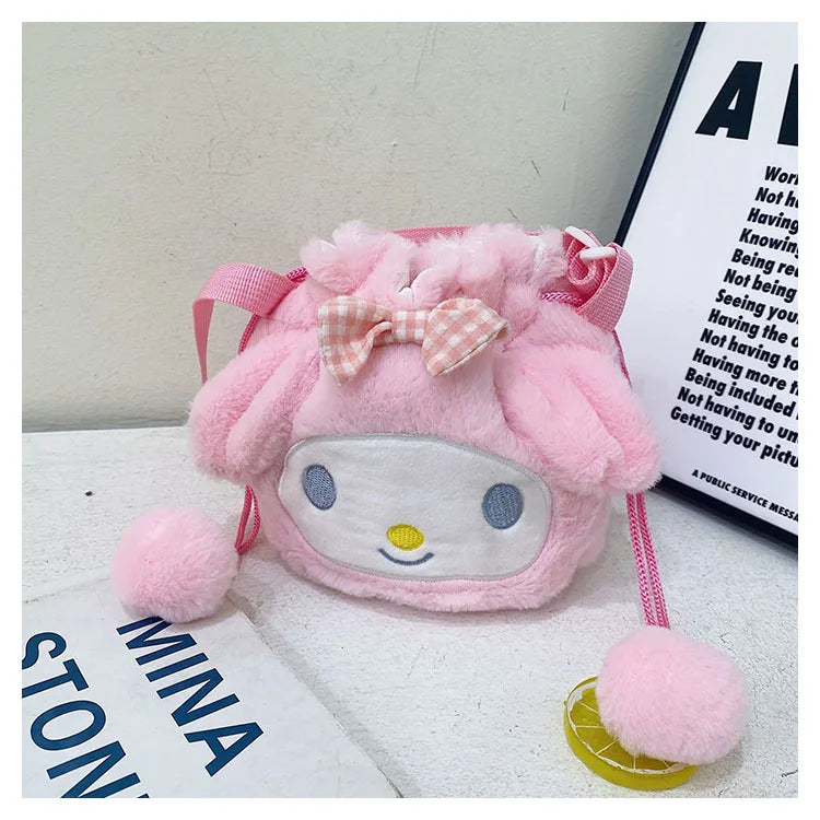 Sanrio Plush Shoulder Bag Cartoon Anime Kuromi Portable Drawstring Bag Cinnamoroll Plushies Toy My Melody Diagonal Package Gift