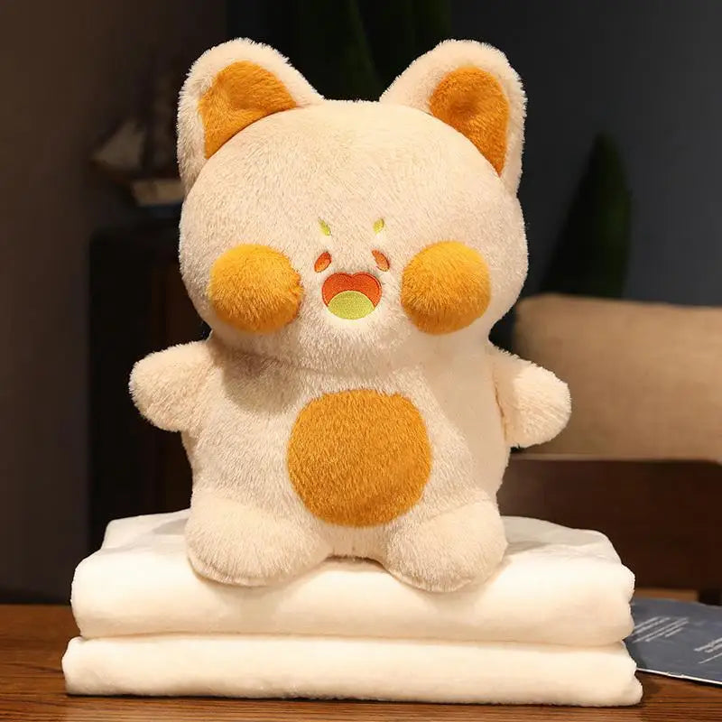 38CM INS Kawaii DuDu Cat Plush Doll Pillow With Blanket Fluffy Fox Stuffed Cartoon Soft Toys Kids Girls Birthday Xmas Gifts