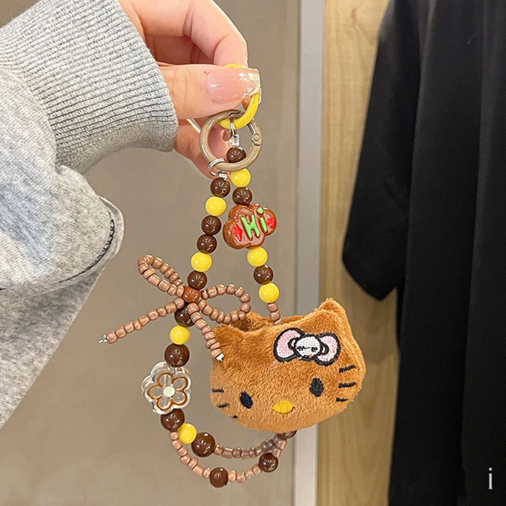 Sanrio Cute Hello Kitty Colorful Beaded Keychain Cartoon Plush Hanging Chain Phone Strap Wrist Strap Backpack Pendant Girl Gifts