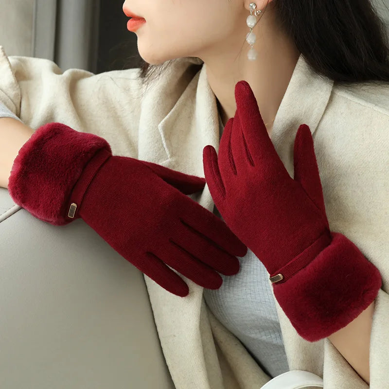 Winter Women Keep Warm Plus Velvet Touch Screen Thicken Plush Wrist Suede Gloves Fashion Personality Elegant Drive Cycling